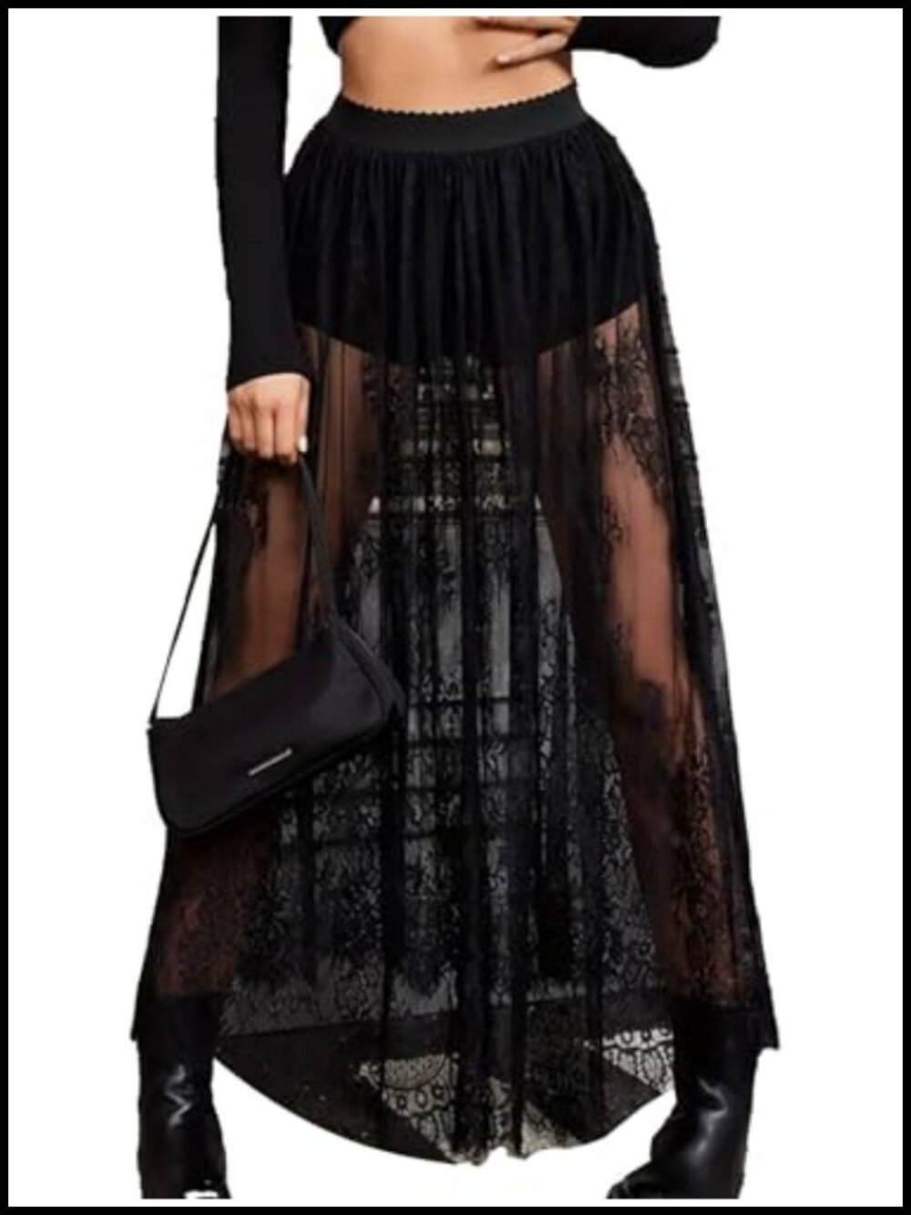Sheer Lace Maxi Skirt High Waist A-Line Flowy Mesh Long Skirt